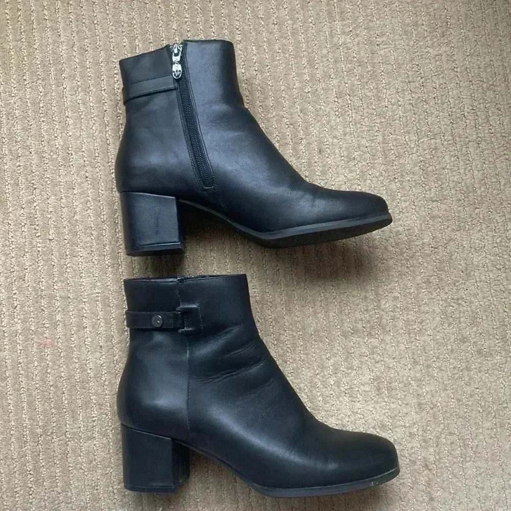ARTICA Leather Ankle Boots, small medium heel, black, size 8.